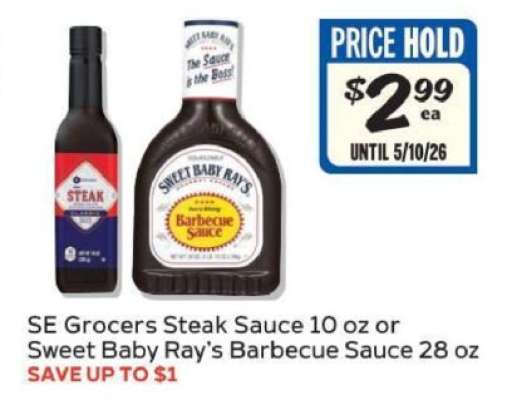 SE Grocers Steak Sauce or Sweet Baby Ray's Barbecue Sauce