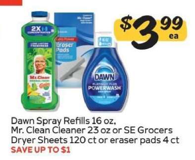 Dawn Spray Refills, Mr. Clean Cleaner, SE Grocers Dryer Sheets or Eraser Pads