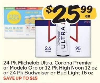 Michelob Ultra, Corona Premier, Modelo Oro, High Noon, Budweiser, Bud Light