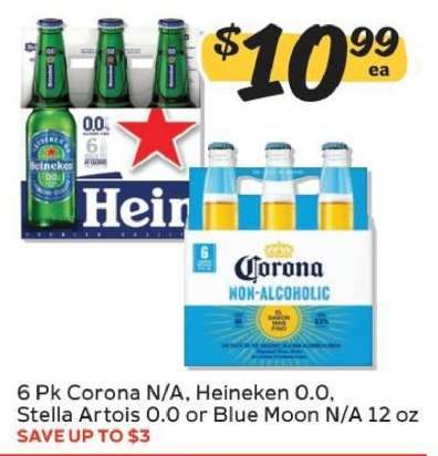 6 Pk Corona N/A, Heineken 0.0, Stella Artois 0.0 or Blue Moon N/A 12 oz