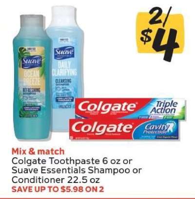 Colgate Toothpaste or Suave Essentials Shampoo/Conditioner
