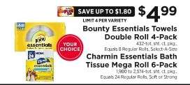 Bounty Essentials Towels Double Roll 4-Pack / Charmin Essentials Bath Tissue Mega Roll 6-Pack