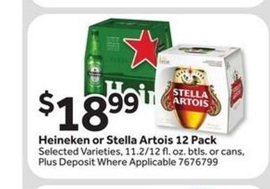 Heineken or Stella Artois 12 Pack