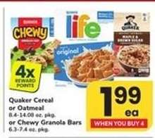 Quaker Cereal or Oatmeal or Chewy Granola Bars