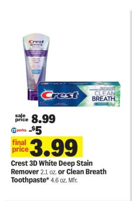 Crest 3D White Deep Stain Remover or Clean Breath Toothpaste
