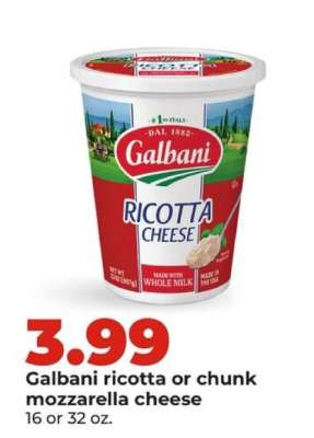 Galbani ricotta or chunk mozzarella cheese