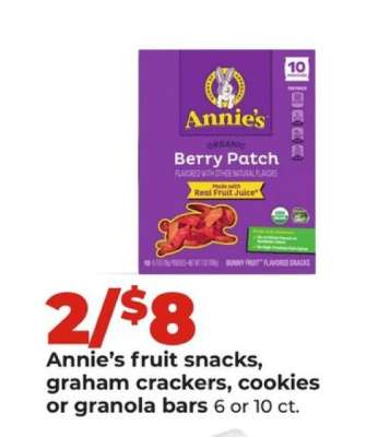 Annie's fruit snacks, graham crackers, cookies or granola bars