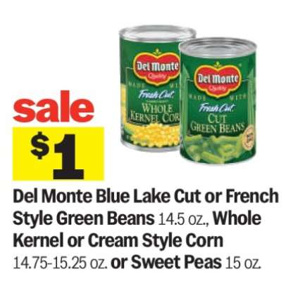 Del Monte Blue Lake Cut or French Style Green Beans, Whole Kernel or Cream Style Corn, or Sweet Peas