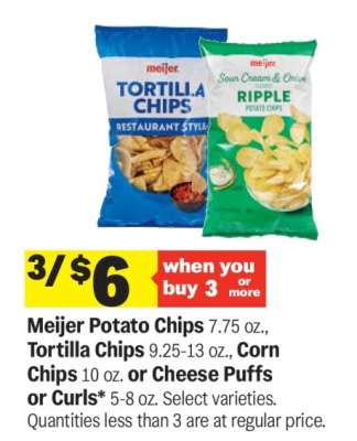 Meijer Potato Chips, Tortilla Chips, Corn Chips, Cheese Puffs or Curls