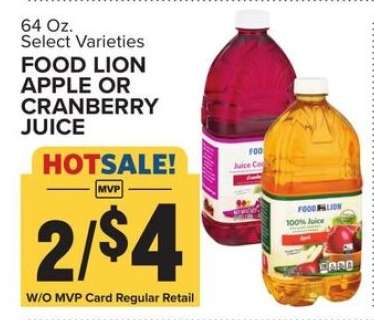FOOD LION APPLE OR CRANBERRY JUICE