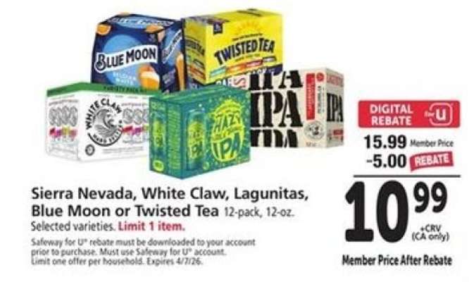 Sierra Nevada, White Claw, Lagunitas, Blue Moon or Twisted Tea