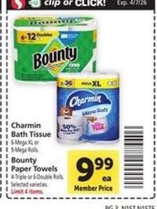 Charmin Bath Tissue, Bounty Paper Towels