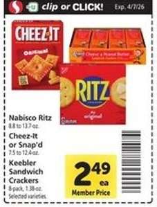 Nabisco Ritz, Cheez-it or Snap'd, Keebler Sandwich Crackers
