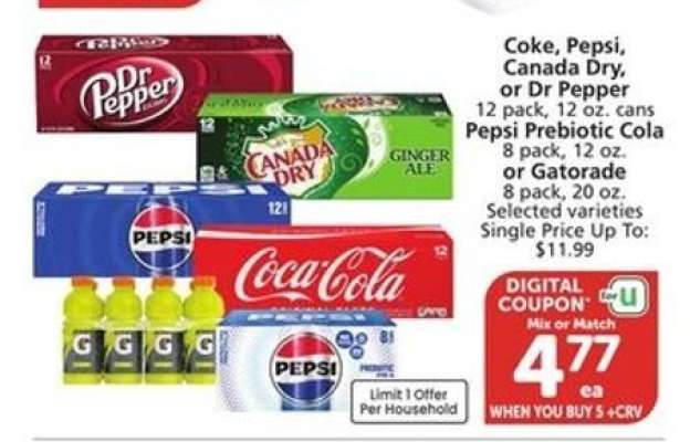 Coke, Pepsi, Canada Dry, Dr Pepper, Pepsi Prebiotic Cola, Gatorade