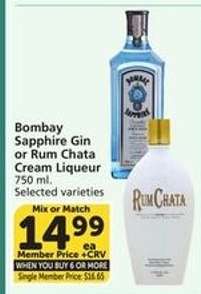 Bombay Sapphire Gin or Rum Chata Cream Liqueur