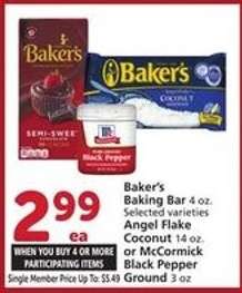 Baker's Baking Bar, Angel Flake Coconut, or McCormick Black Pepper