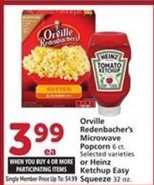Orville Redenbacher's Microwave Popcorn or Heinz Ketchup Easy Squeeze