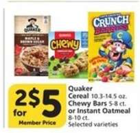 Quaker Cereal, Chewy Bars, or Instant Oatmeal