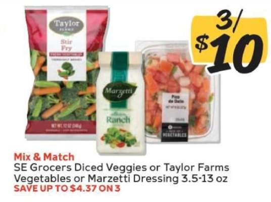 SE Grocers Diced Veggies or Taylor Farms Vegetables or Marzetti Dressing