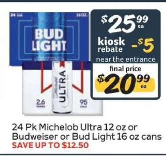 24 Pk Michelob Ultra 12 oz or Budweiser or Bud Light 16 oz cans
