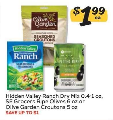 Hidden Valley Ranch Dry Mix / SE Grocers Ripe Olives / Olive Garden Croutons