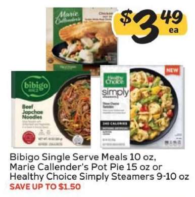 Bibigo Single Serve Meals, Marie Callender's Pot Pie, Healthy Choice Simply Steamers
