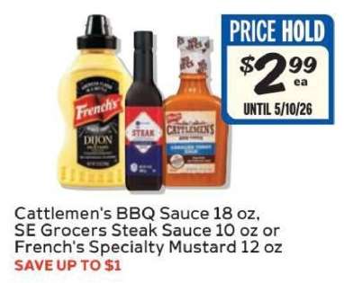 Cattlemen's BBQ Sauce, SE Grocers Steak Sauce, French's Specialty Mustard
