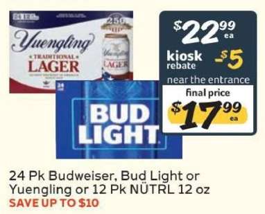 24 Pk Budweiser, Bud Light or Yuengling or 12 Pk NÜTRL 12 oz