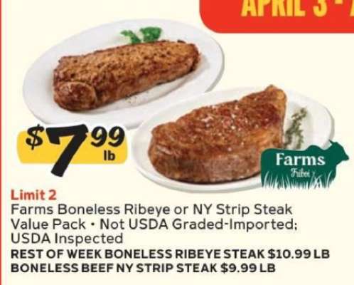 Farms Boneless Ribeye or NY Strip Steak Value Pack