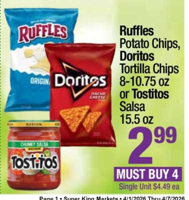 Ruffles Potato Chips, Doritos Tortilla Chips or Tostitos Salsa