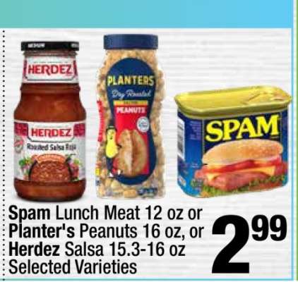Spam Lunch Meat, Planter's Peanuts, Herdez Salsa