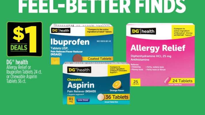 DG health Allergy Relief or Ibuprofen Tablets 24 ct. or Chewable Aspirin Tablets 36 ct.