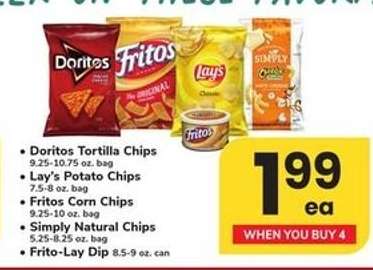 Doritos Tortilla Chips, Lay's Potato Chips, Fritos Corn Chips, Simply Natural Chips, Frito-Lay Dip