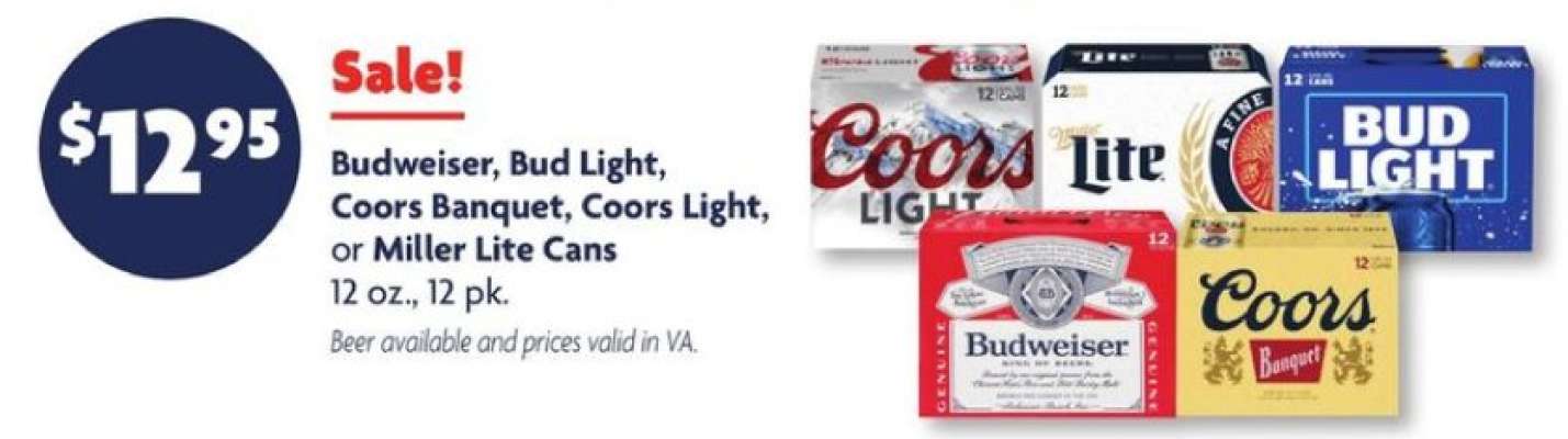 Budweiser, Bud Light, Coors Banquet, Coors Light, or Miller Lite Cans