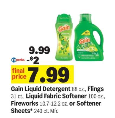 Gain Liquid Detergent, Flings, Liquid Fabric Softener, Fireworks, or Softener Sheets