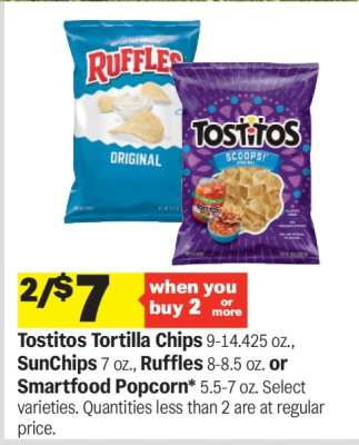 Tostitos Tortilla Chips, SunChips, Ruffles, or Smartfood Popcorn