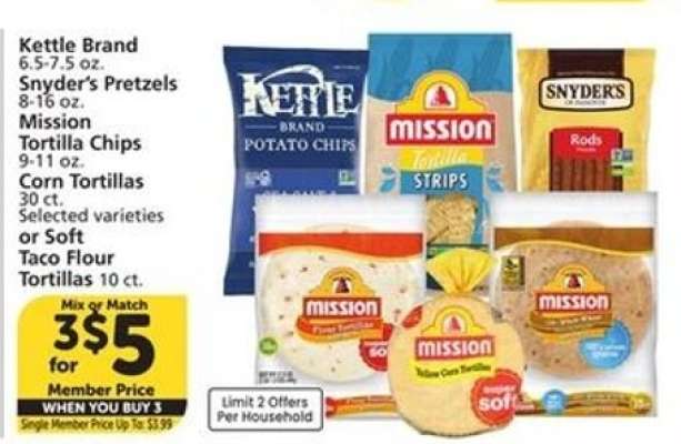 Kettle Brand, Snyder's Pretzels, Mission Tortilla Chips or Corn/Soft Taco Flour Tortillas