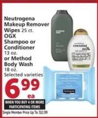 Neutrogena Makeup Remover Wipes, OGX Shampoo or Conditioner, Method Body Wash