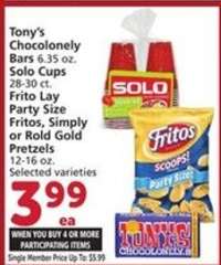 Tony's Chocolonely Bars / Solo Cups / Frito Lay Party Size Fritos, Simply or Rold Gold Pretzels