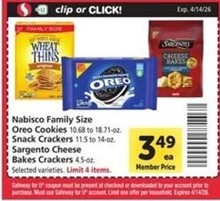 Nabisco Family Size Oreo Cookies, Snack Crackers, Sargento Cheese Bakes Crackers