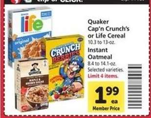 Quaker Cap’n Crunch’s or Life Cereal, Instant Oatmeal