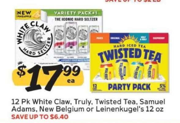 White Claw, Truly, Twisted Tea, Samuel Adams, New Belgium or Leinenkugel's