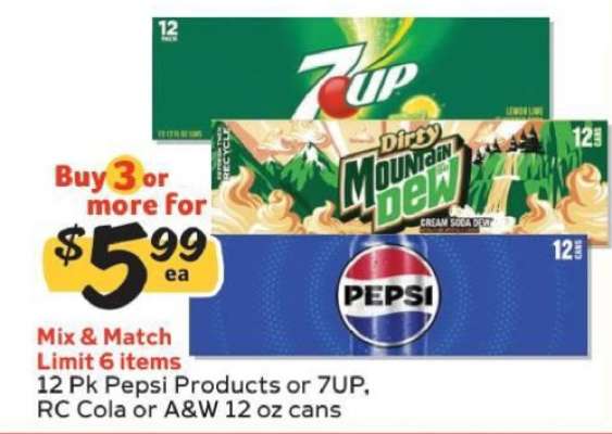 12 Pk Pepsi Products or 7UP, RC Cola or A&W 12 oz cans