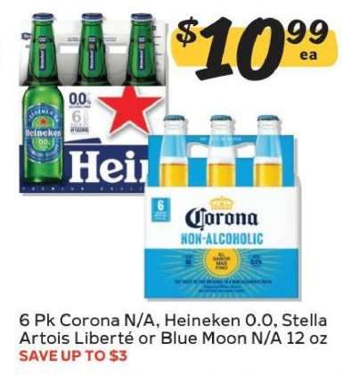 6 Pk Corona N/A, Heineken 0.0, Stella Artois Liberté or Blue Moon N/A