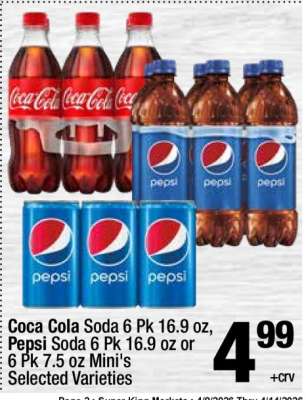 Coca Cola Soda 6 Pk 16.9 oz, Pepsi Soda 6 Pk 16.9 oz or 6 Pk 7.5 oz Mini's