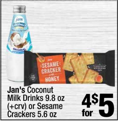Jan's Coconut Milk Drinks 9.8 oz or Sesame Crackers 5.6 oz