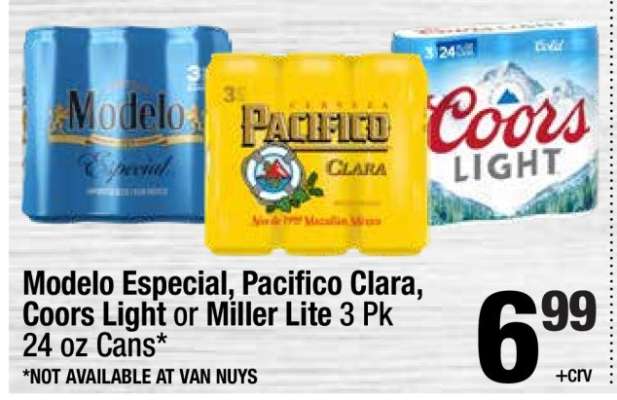 Modelo Especial, Pacifico Clara, Coors Light or Miller Lite 3 Pk 24 oz Cans