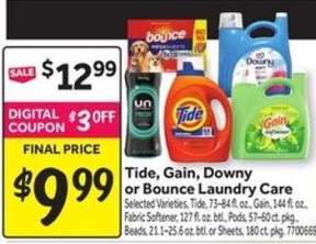 Tide, Gain, Downy or Bounce Laundry Care