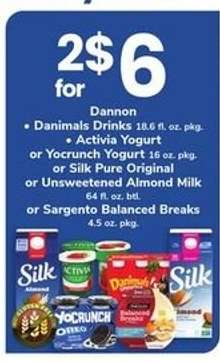 Dannon, Activia Yogurt, YoCrunch Yogurt, Silk Pure Original, Unsweetened Almond Milk, Sargento Balanced Breaks