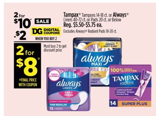 Tampax Tampons 14-18 ct. or Always Liners 40-72 ct. or Pads 20 ct. or Below